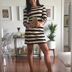 J. Crew Black and Cream Striped Long Sleeve Dress